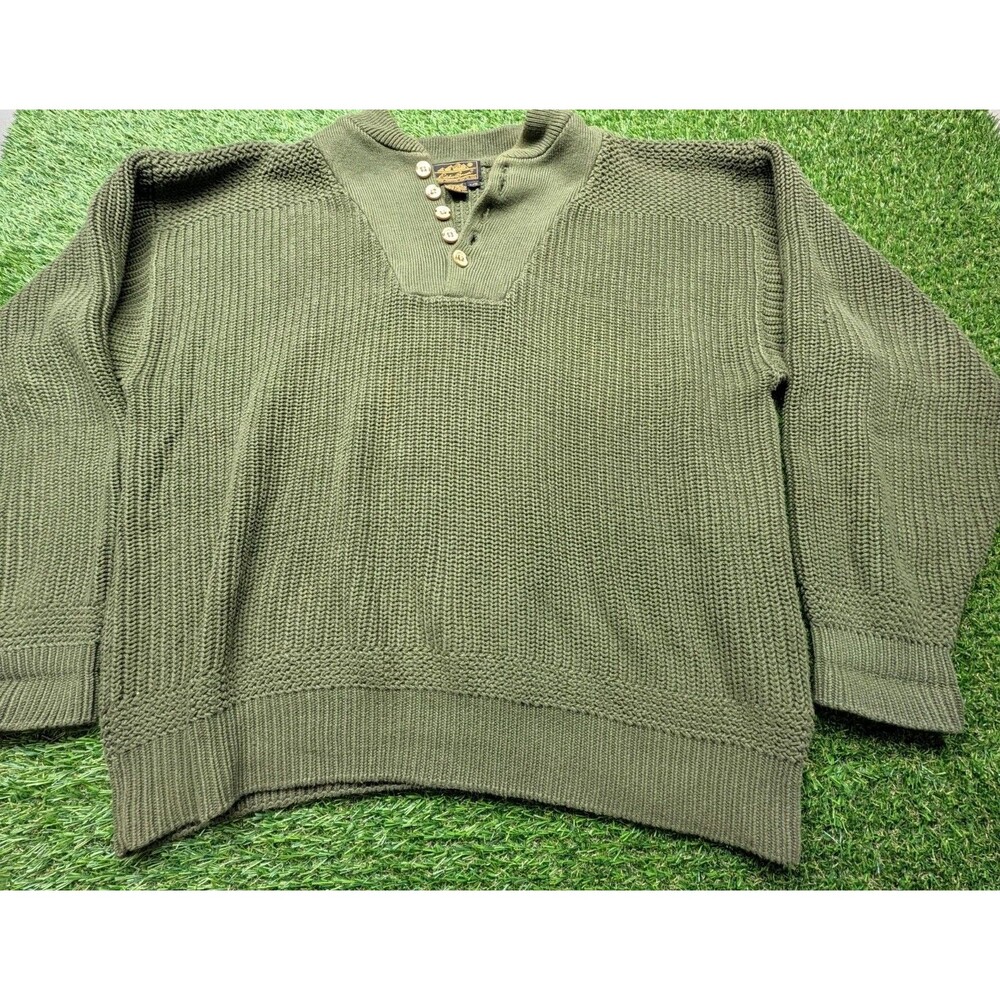 Eddie Bauer Fisherman Sweater Men Sz L Green Pullover 1/4 Button Cable Knit 90s